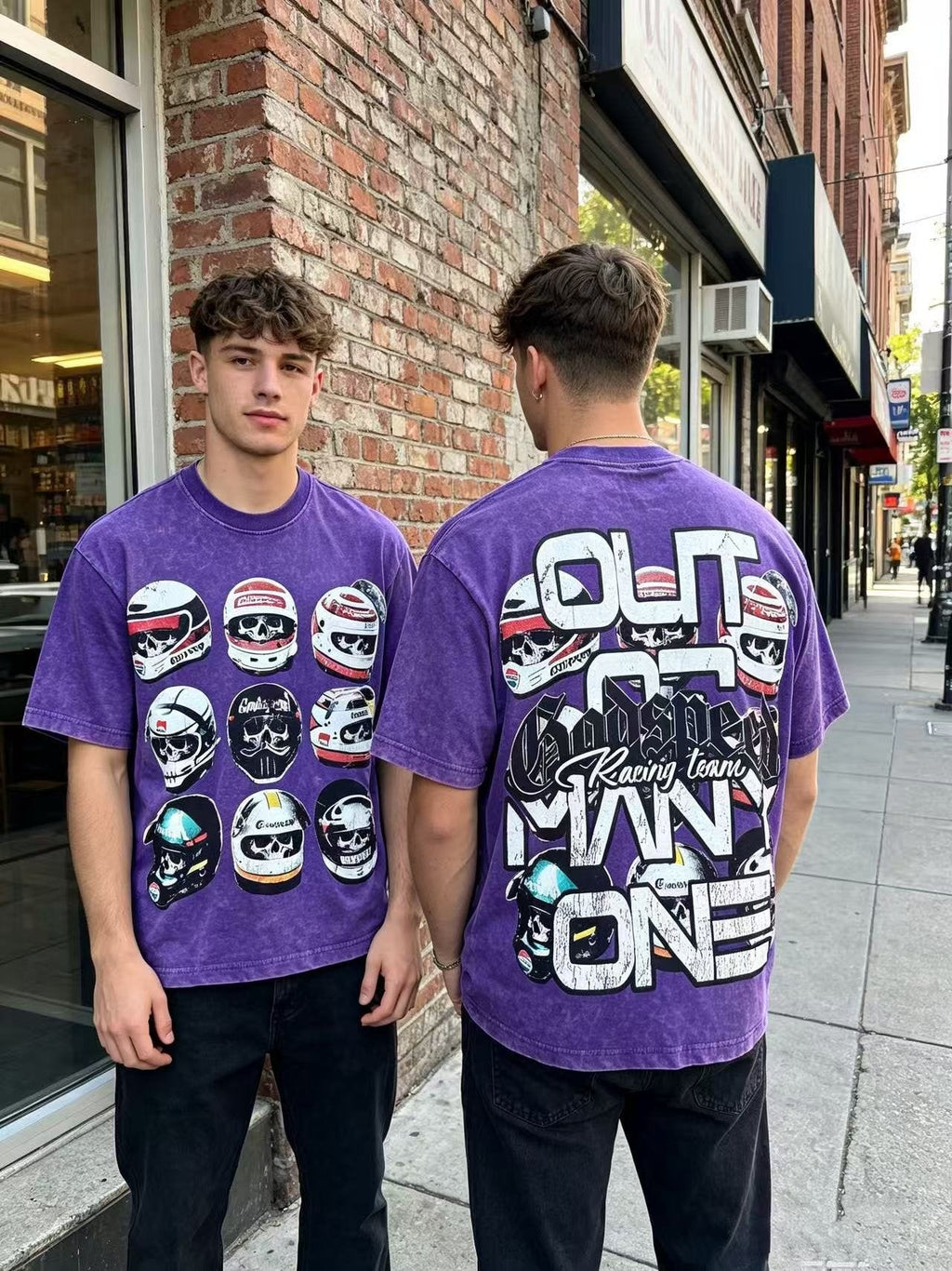 Godspeed Out of Many One Racing Helmet Graphic T-Shirt